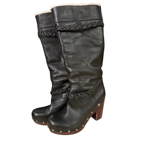 UGG Savannah Black Leather Shearling-Lined Knee-High Clog Boots – Women’s Size 7 - Picture 1 of 9